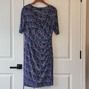 Lauren Ralph Lauren Faux Wrap Short Sleeve Dress Size 14 Blue Ikat Print Stretch